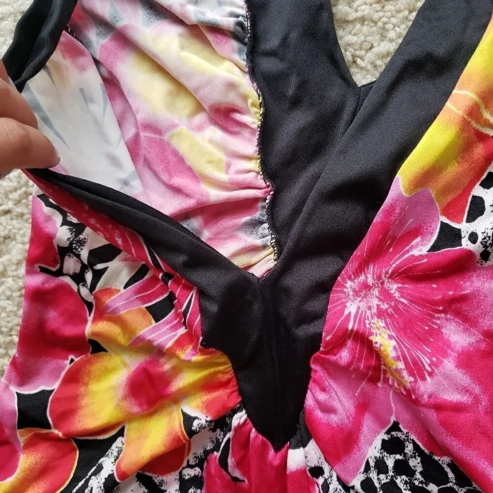Vintage Tropical Plunging Neckline Pink Swimsuit Medium Like New